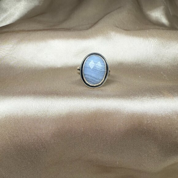 Silver Ring with Blue Lace Agate Oval Natural Gemstone Handmade Jewelry Size 8 - Picture 1 of 5